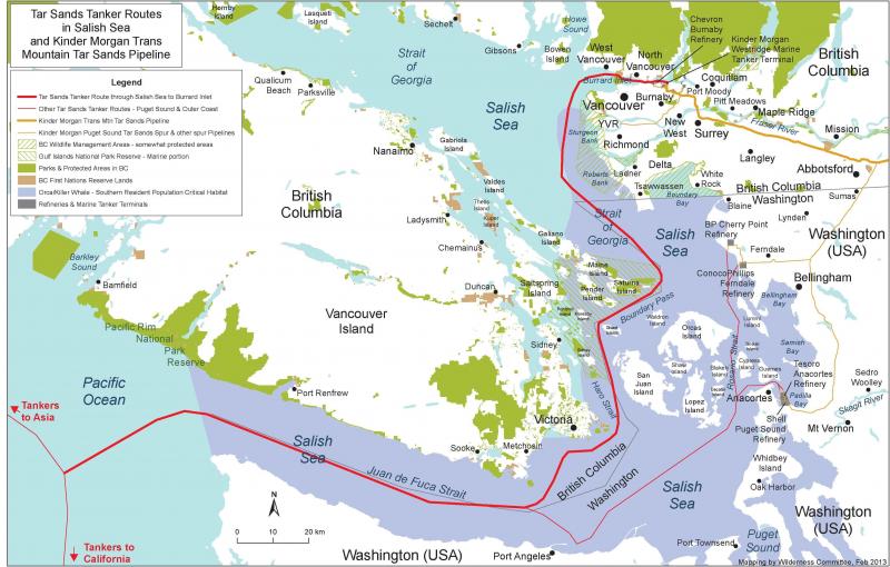 Tar sands tanker route in the Salish Sea. Source: Wilderness Committee.