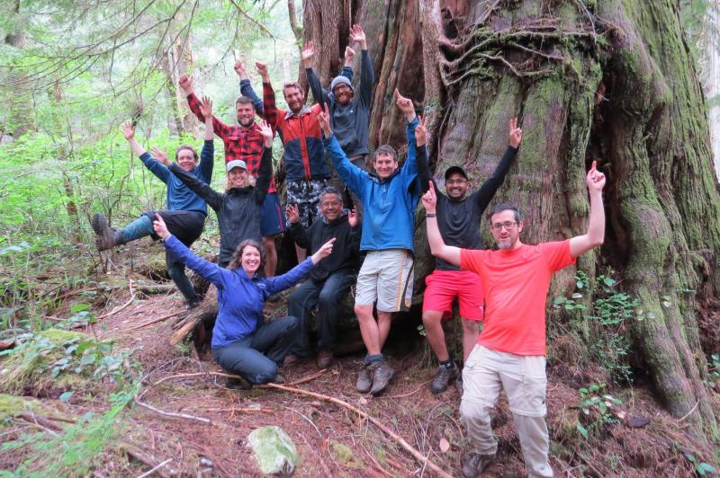 Volunteers in Wah-nuh-jus—Hilthoois Tribal Park (Meares Island), unceded Tla-o-qui-aht territory. Photo: Torrance Coste