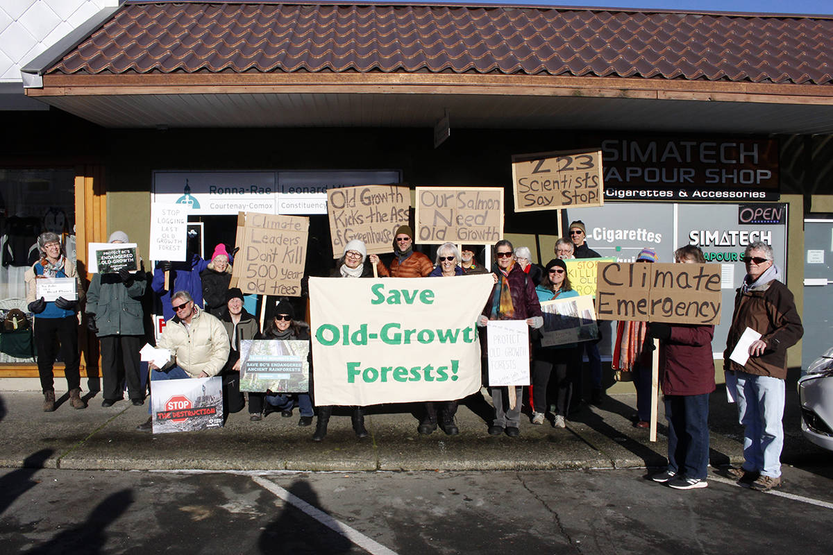 Approximately 25 people stood outside MLA Ronna-Rae Leonard’s office earlier this year, asking government to impose a moratorium on old-growth forest logging. Photo by Jolene Rudisuela