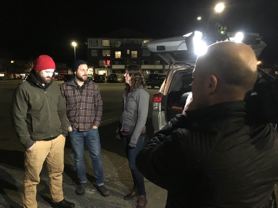 Torrance Coste, Mark Worthing and Emily Hoffpauir talk to media after the Campbell River forests talk was cancelled by the City