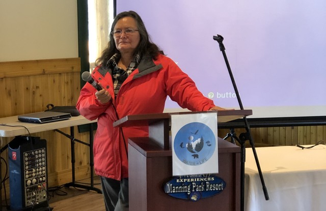 Photo: Sol Allison Former Xatsull (Soda Creek) Chief Bev Sellars speaking last week at the event in Manning Park