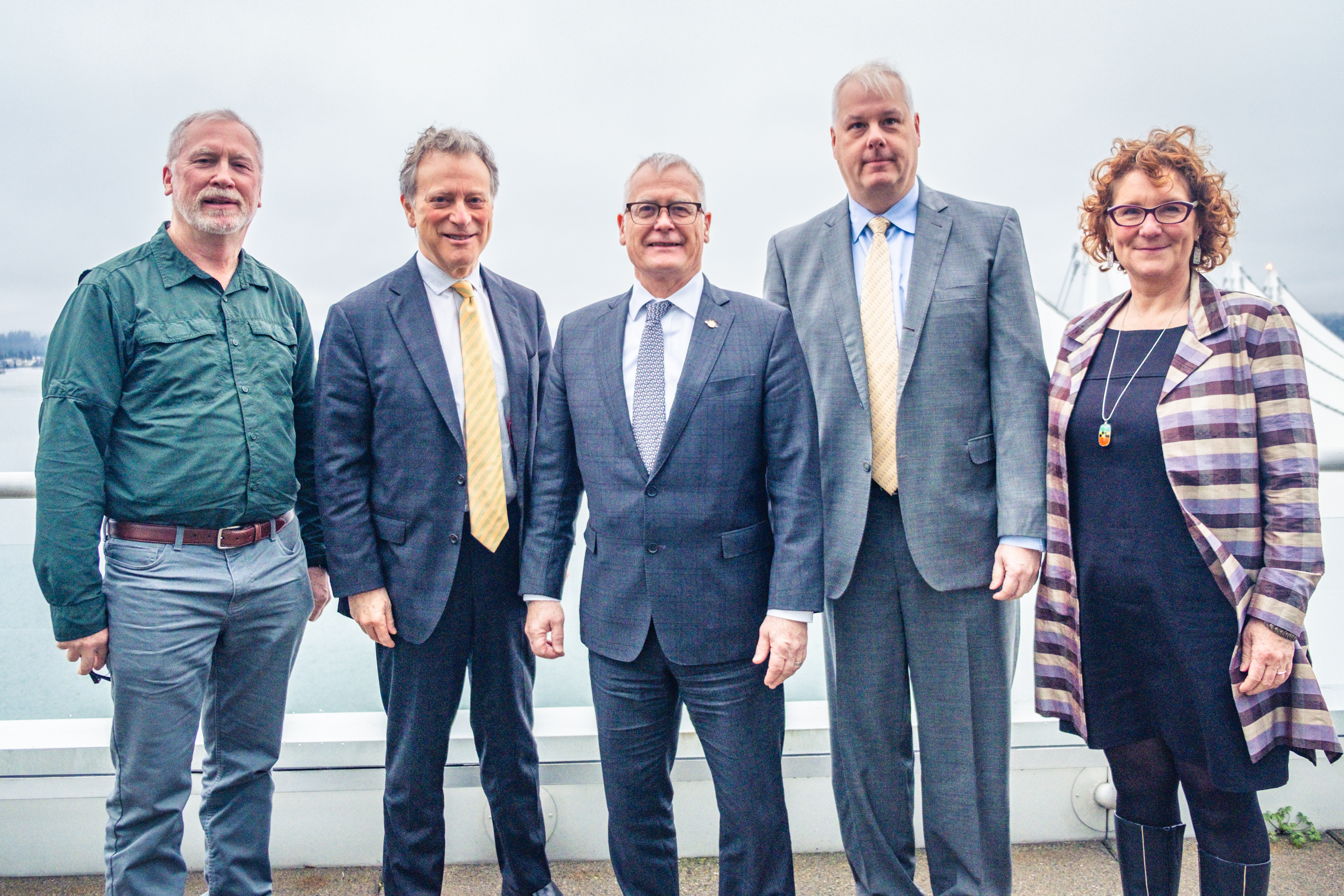 From right to left: Joe Foy, Minister of Environment and Climate Change Strategy George Heyman,  FLNRORD Minister Doug Dondaldson, Skagit Environmental Endowment Commission (S.E.E.C.) Canada Co-Chair Thomas Curly and S.E.E.C. Canadian Commissioner Shannon Bentley after the announcement to ban logging in the Donut Hole an unprotected area located between Manning and Skagit provincial parks. 