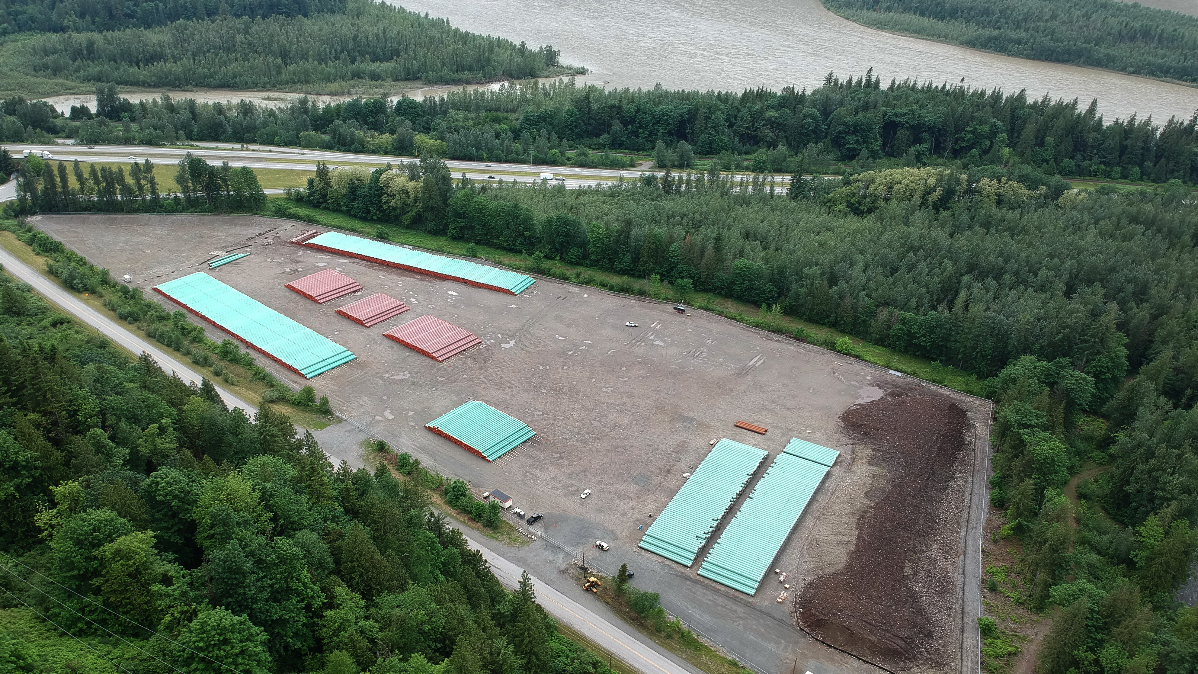 Trans Mountain pipe storage area. Located between Chilliwack and Hope.