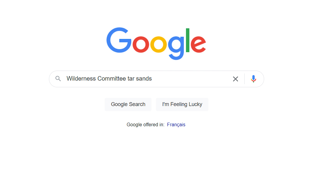 Screenshot of a Google search using the phrase "Wilderness Committee tar sands"