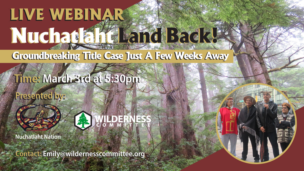 Poster for the live webinar showing Nuchatlaht people and forest.