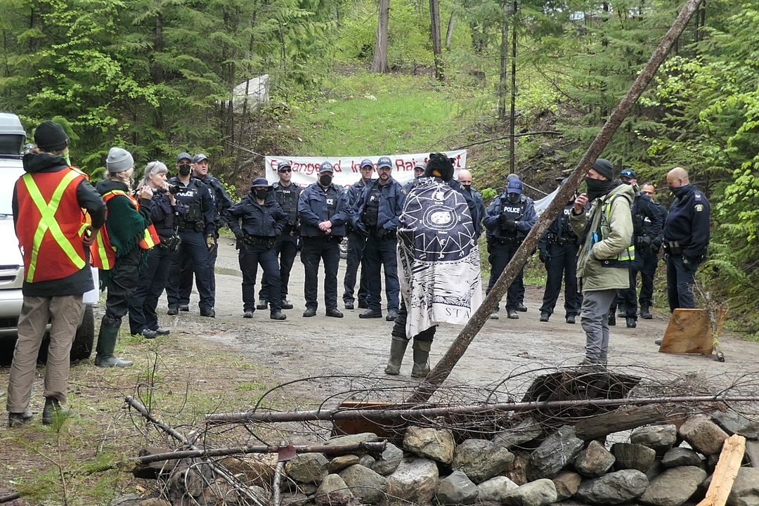 A group of people standing in front of a row of police in the forest.