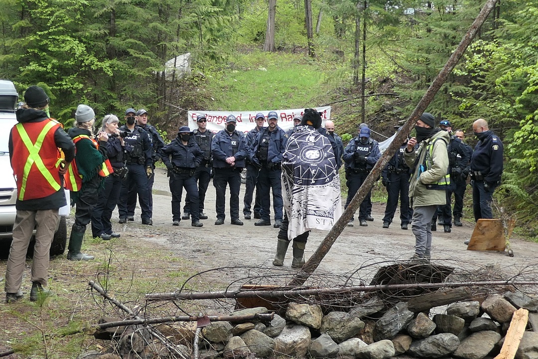 A group of people standing in front of a row of police in the forest. 