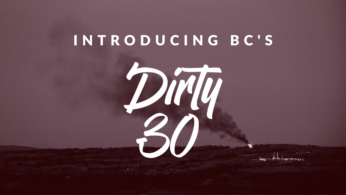 Introducing BC's Dirty 30 in text on a background of a gas well flare stack.
