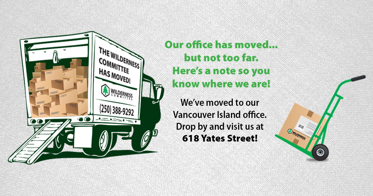 Graphic of a moving truck and dolly, with text that gives information about the Victoria office's new location. End of image description.