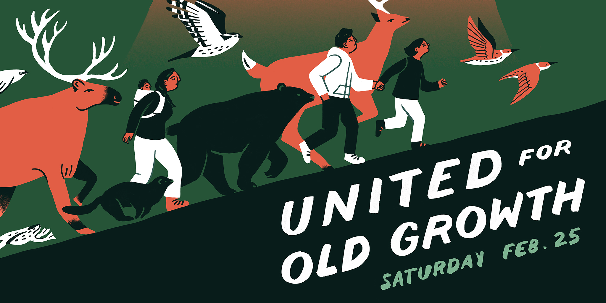 A hand drawn poster of humans running along with caribou, bears and other animals. Text on the poster says "United for Old Growth". End of image description.