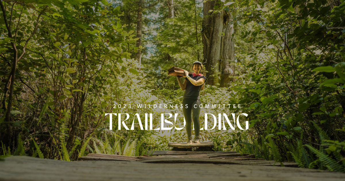 A person carrying logs through the forest. Text over the image says "2023 Wilderness Committee Trailbuilding." End of image description. 