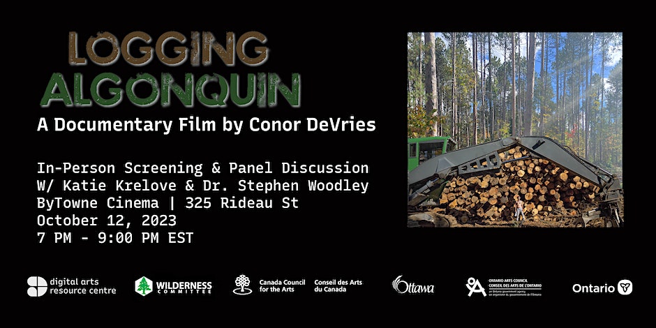 A photo of a person posing in front of logged trees and logging equipment, text over the image gives more information about the screening. End of image description.