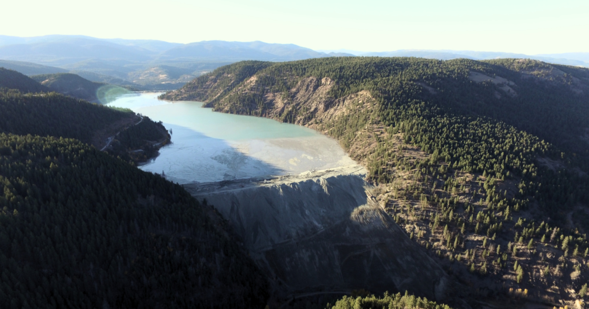 A drone shot of Copper Mountain Mine's tailings pond. End of image description.