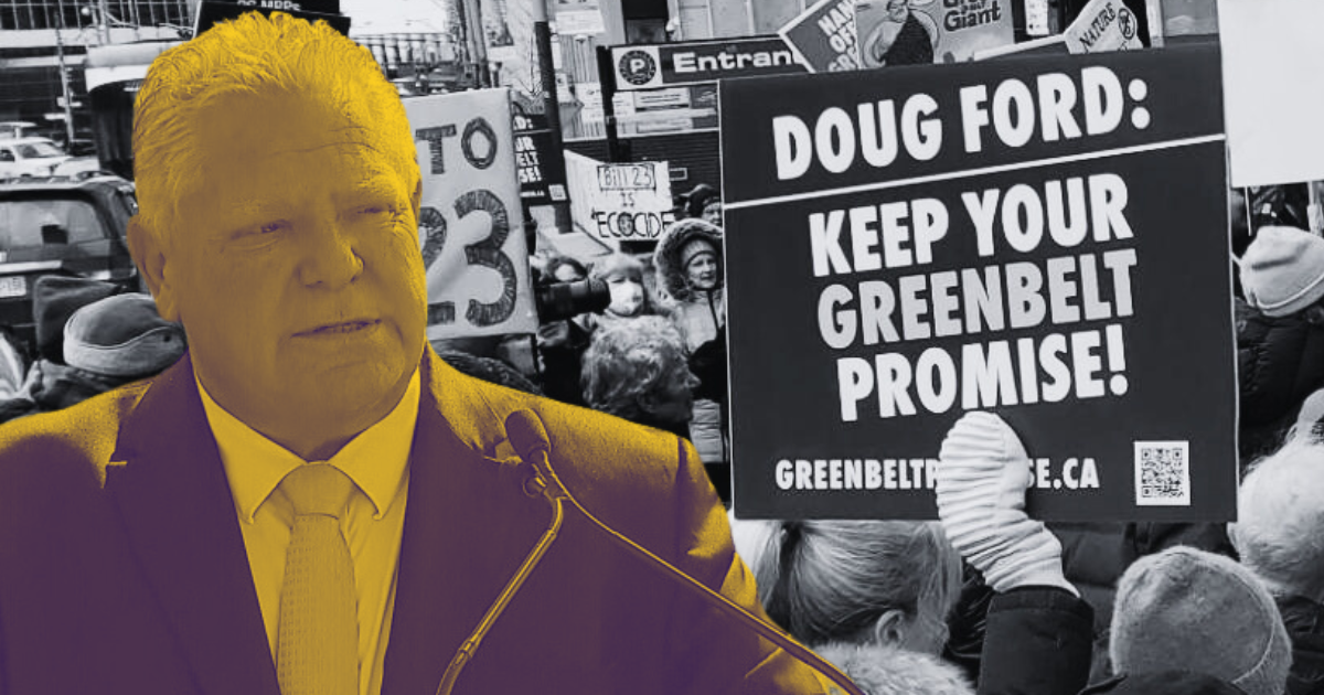 A photo of Doug Ford placed on top of signs that say "Keep your hands off the Greenbelt." End of image description.