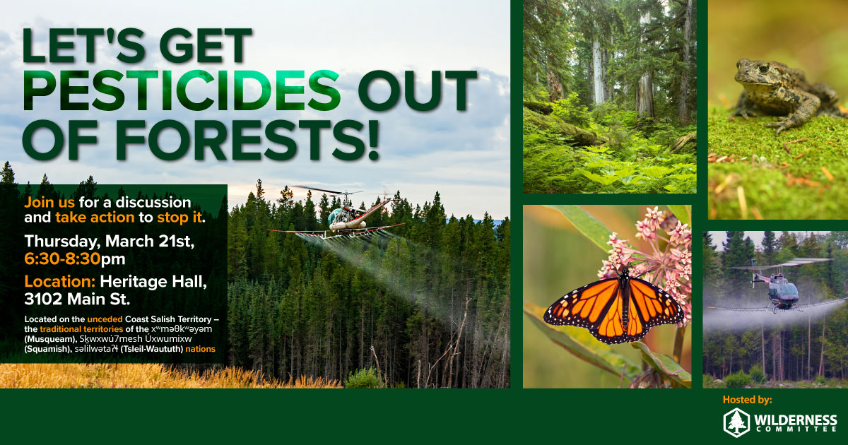 A picture of a helicopter spraying herbicides on forests next to pictures of species affected by it.