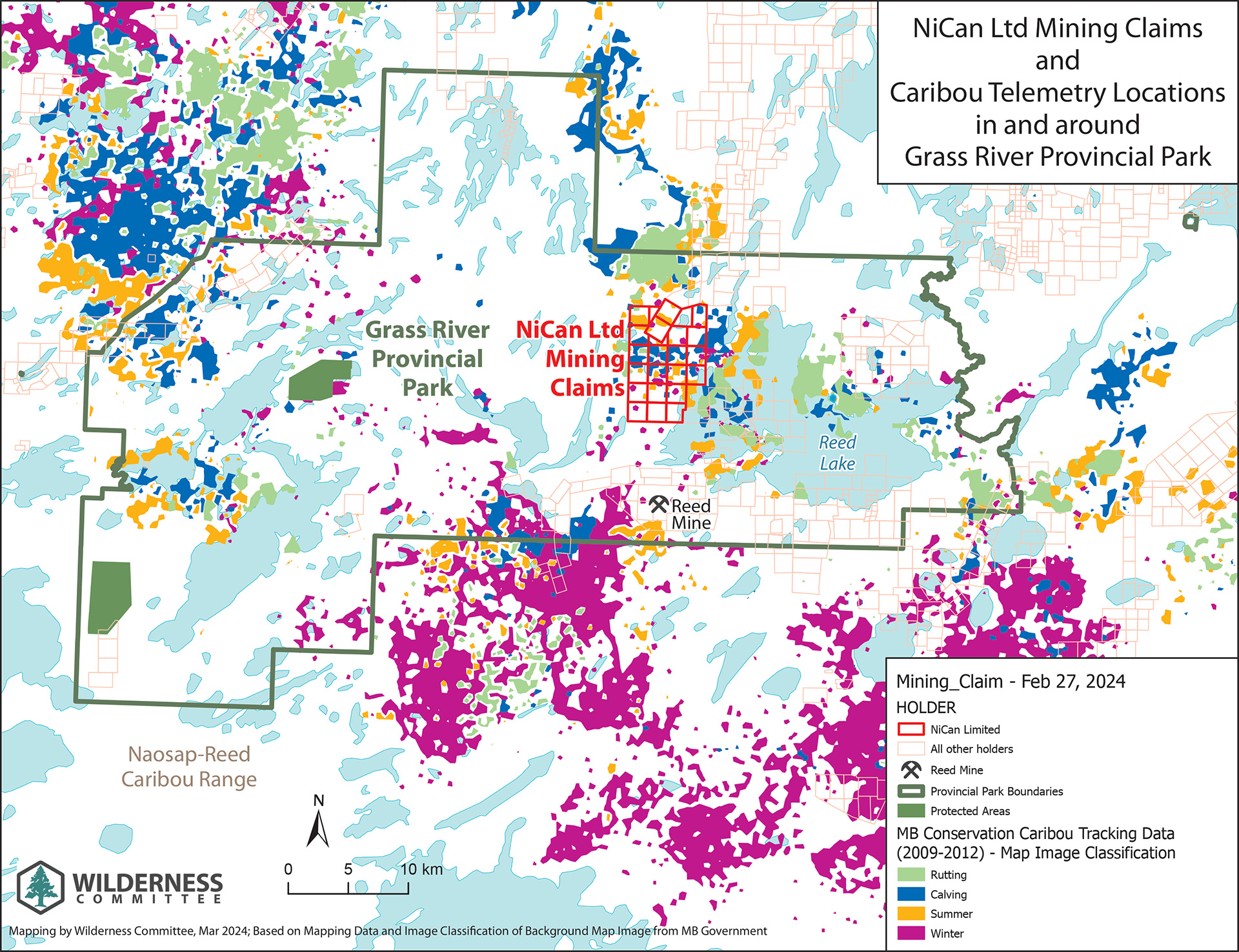 NiCan Ltd. Mining Claims and Caribour Telemetry Locations in and around Grass River Provincial Park