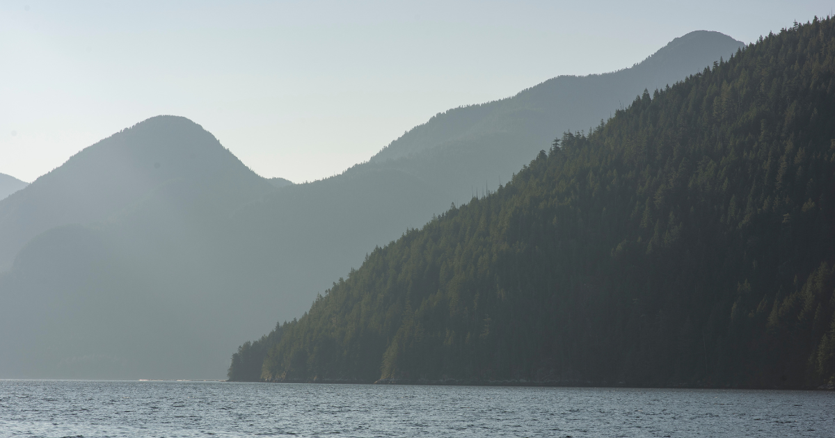 A shot of mountains and rivers on Nootka Island. End of image description.