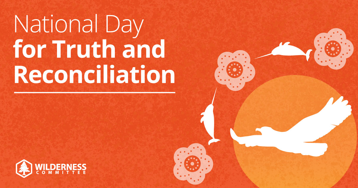 An orange background with text over it that says "National Day for Truth and Reconciliation." Graphics of beaded flowers, two narwhals and an eagle flying on the bottom corner. 