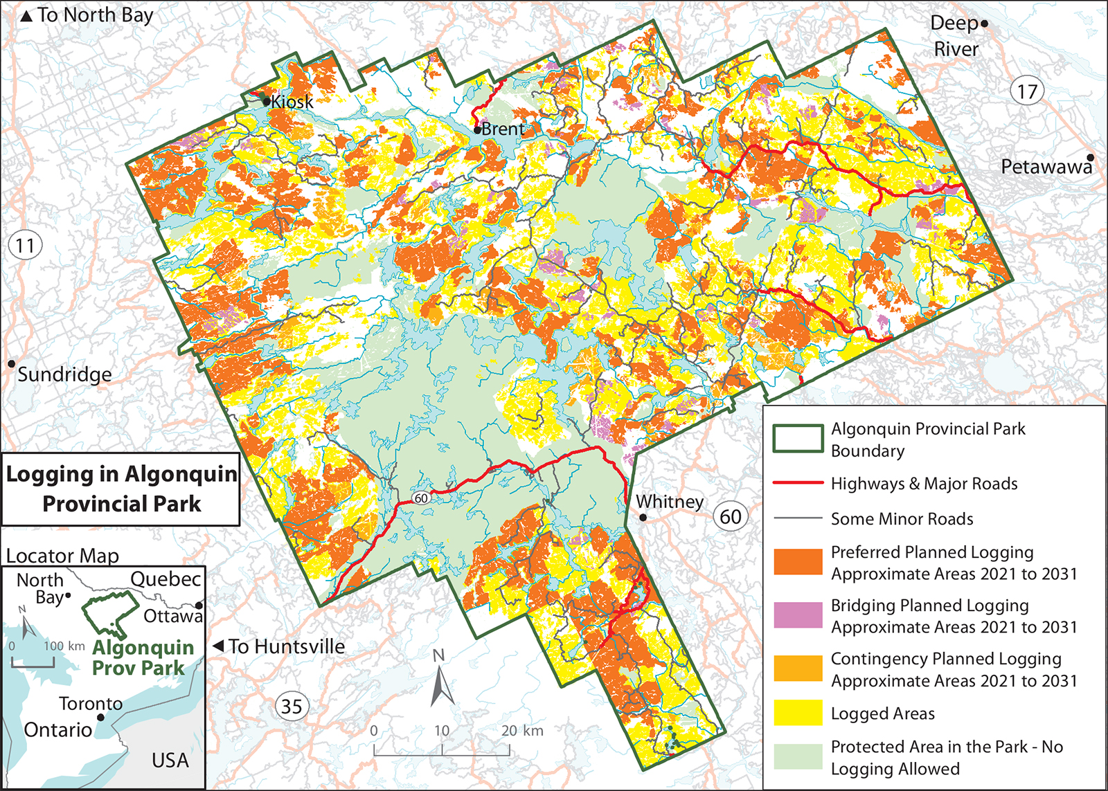 A map of logging activity in Algonquin Provincial Park