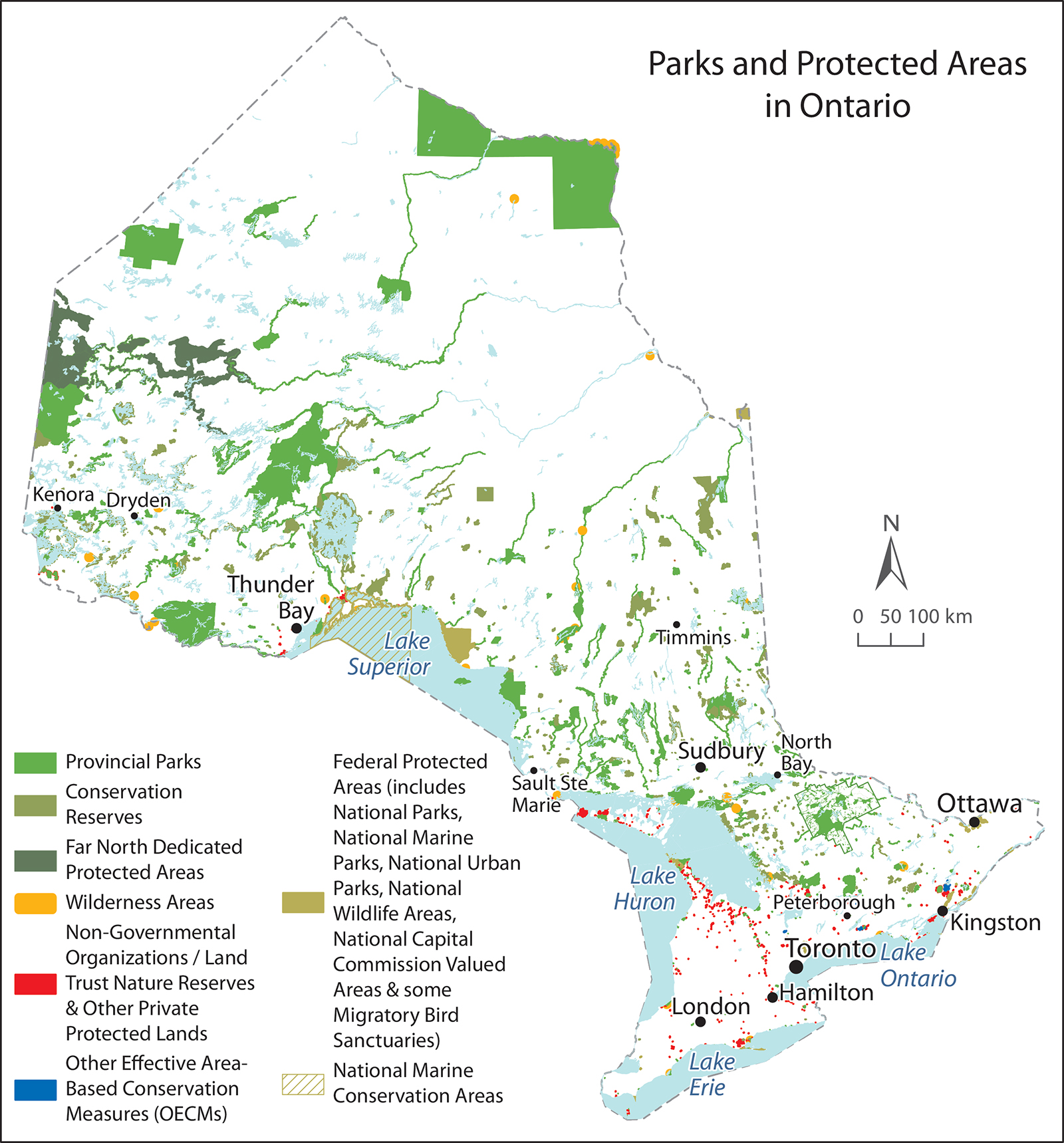 A map of Ontario with all parks and protected areas marked.