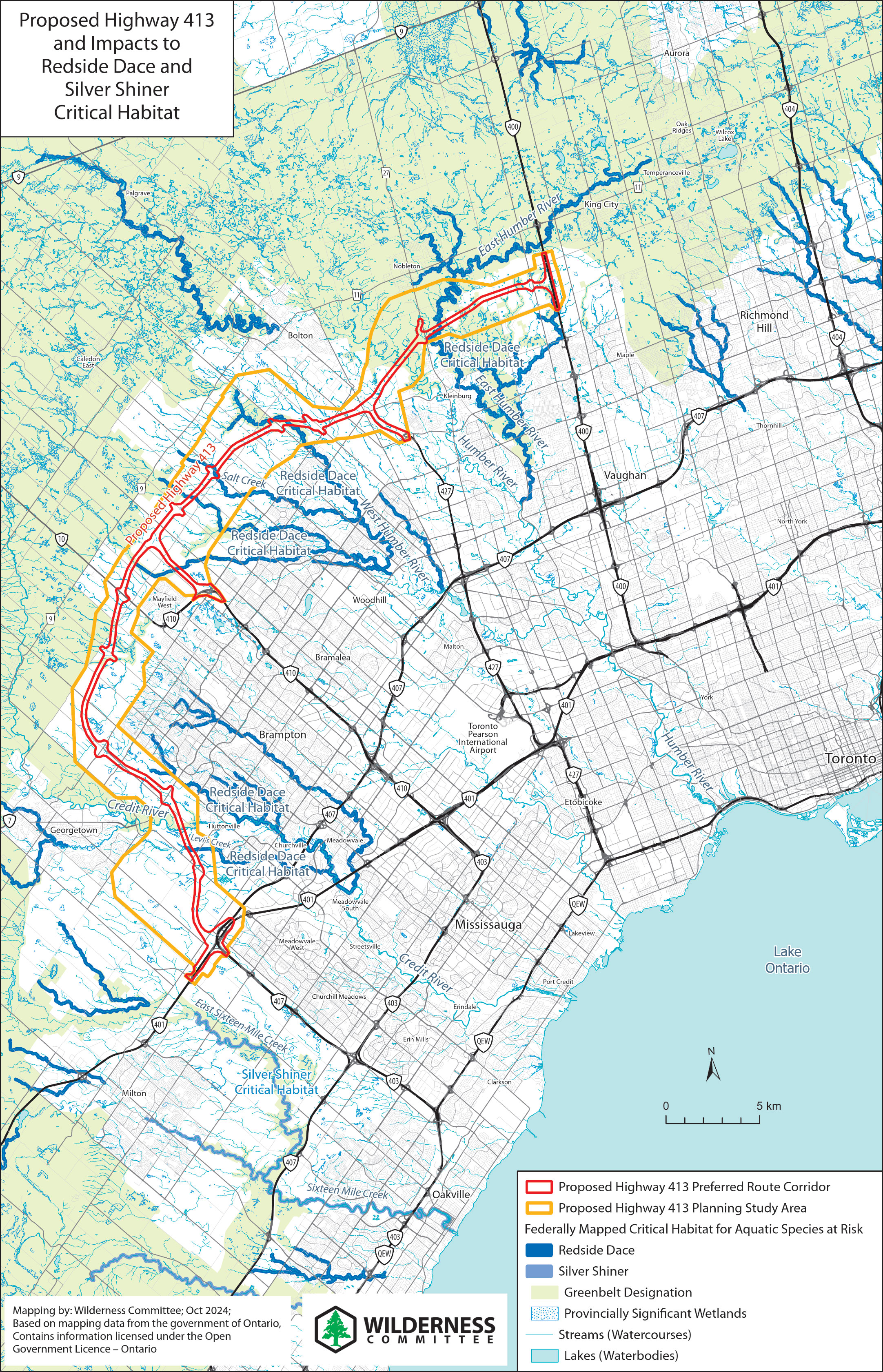 A map showing the proposed route for Highway 413 in Ontario and critical habitat for the Red Sided Dace.