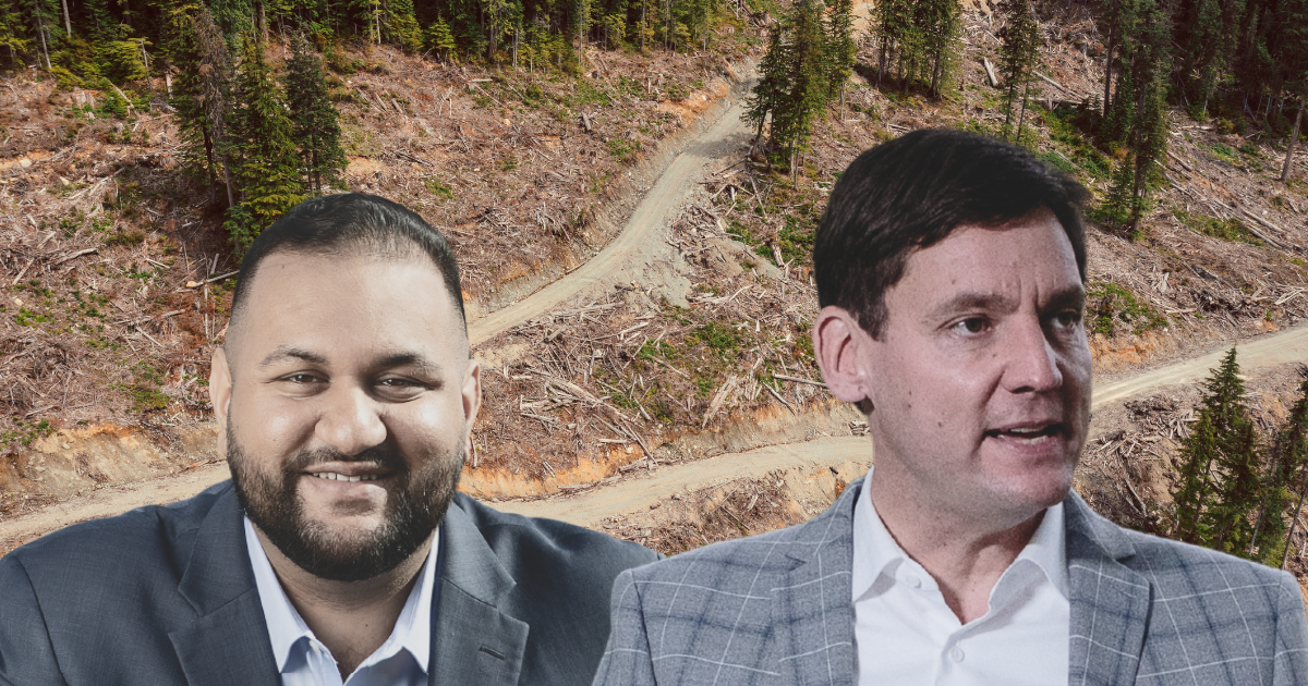 Photos: Ravi Parmar (BC NDP, CC by 2.0); David Eby (BC NDP, CC by 2.0); Clearcut forest (Agathe Bernard)