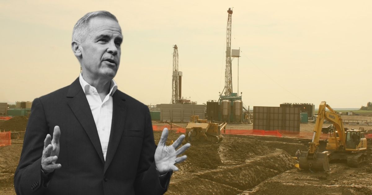 Carney superimposed over a fracking site. End of image description.