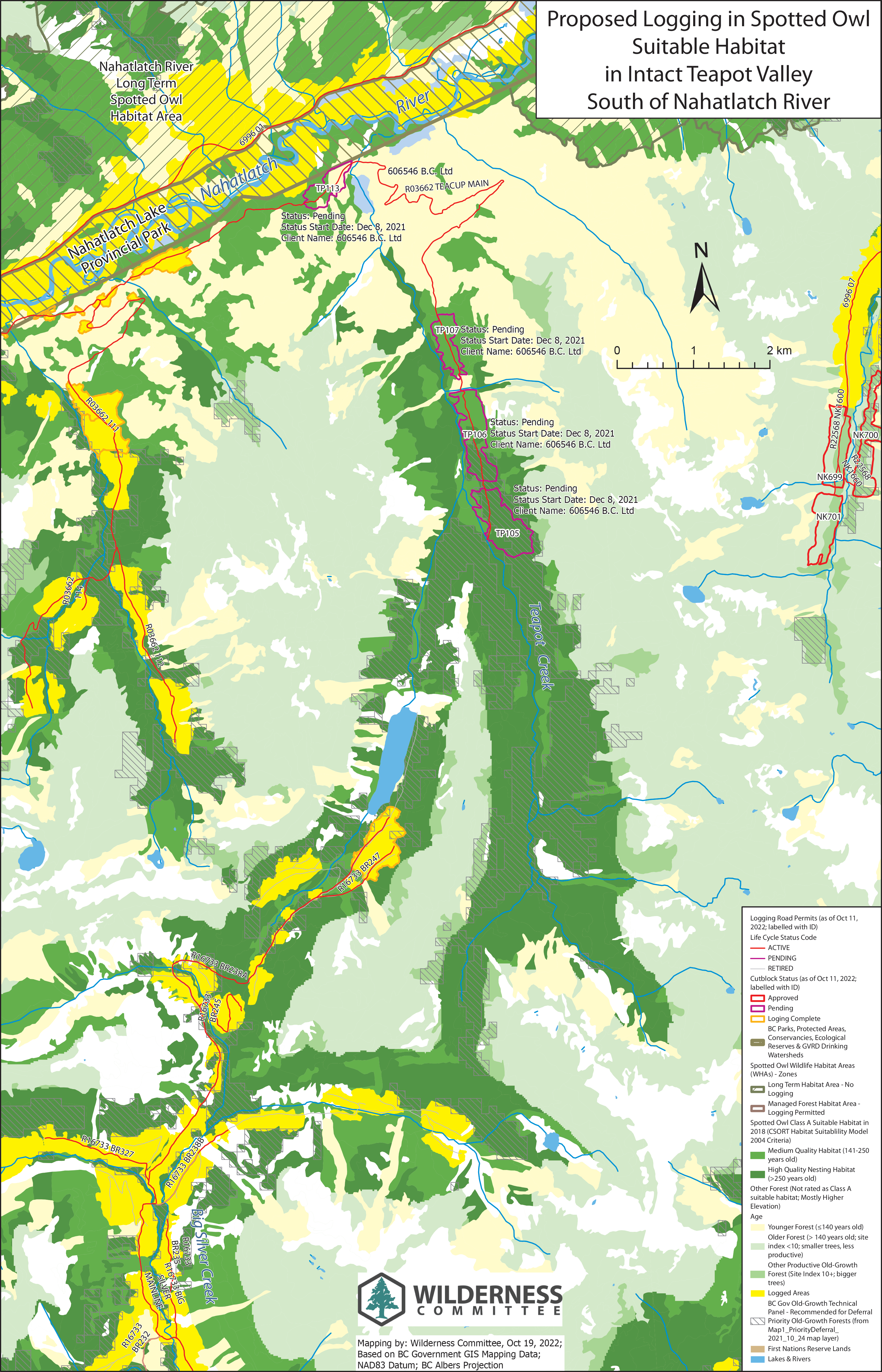 Proposed logging overlapping with spotted owl habitat in Teapot Valley, BC