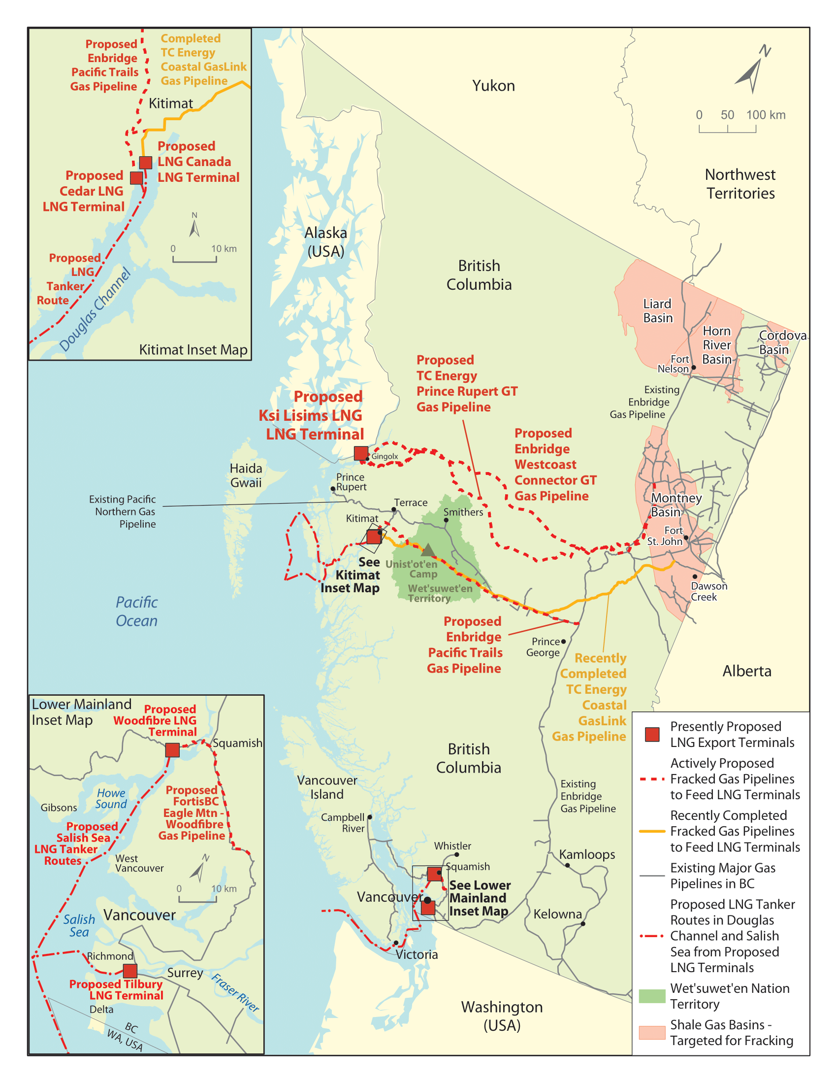A map of proposed LNG terminals across BC. End of image description.