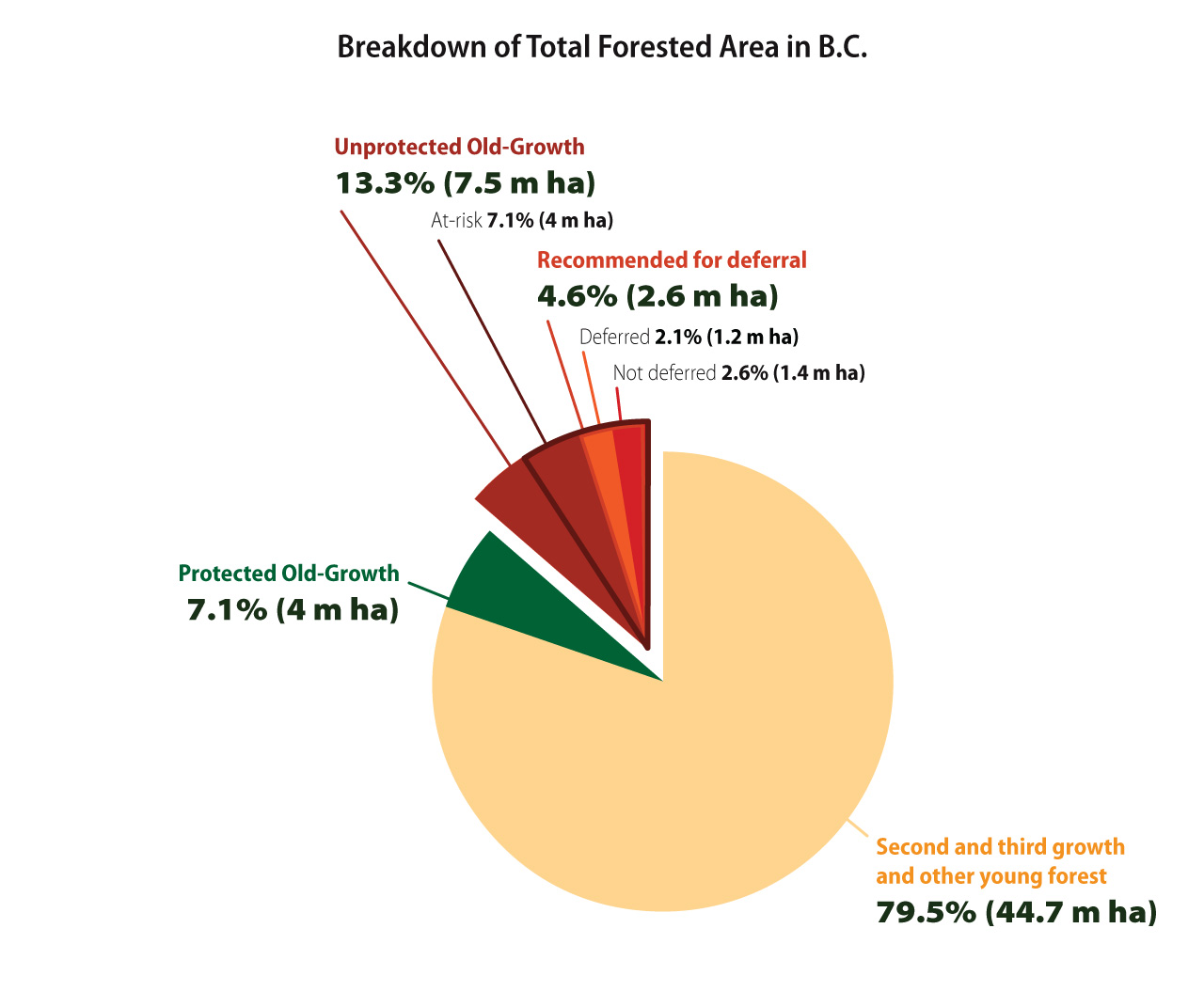 A graph showing that only a small chunk of old-growth forests are protected in B.C. End of image description.