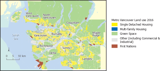 A map of Metro Vancouver's land use. Categories include single detached housing, multi family housing, green space, other (commercial and industrial) and First Nations. End of image description. 
