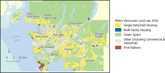 A map of Metro Vancouver's land use. Categories include single detached housing, multi family housing, green space, other (commercial and industrial) and First Nations. End of image description.