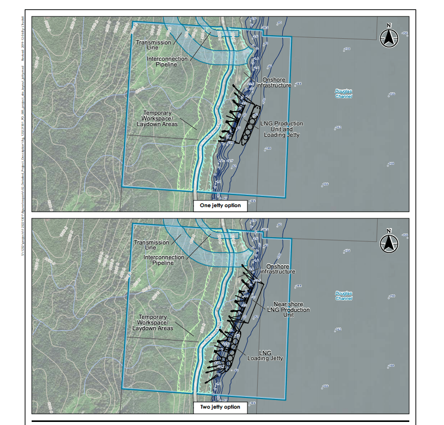 Maps from Cedar LNG’s project description showing both a one-jetty option and a two-jetty option for the project. Image: Cedar LNG
