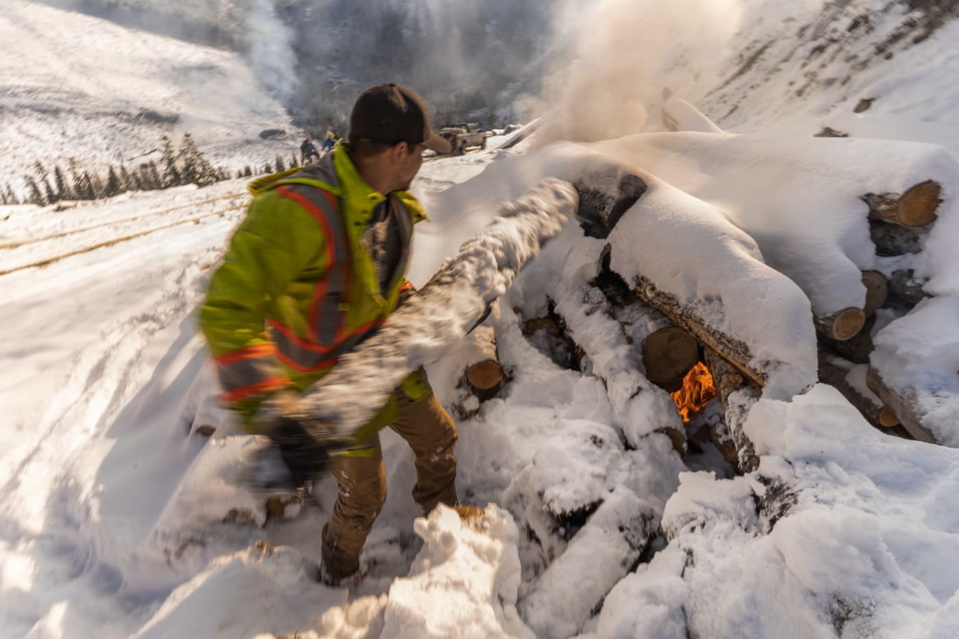 Piles of discarded wood are burned near East Point Mountain by forestry contractors. Photo: Fernando Lessa / The Narwhal