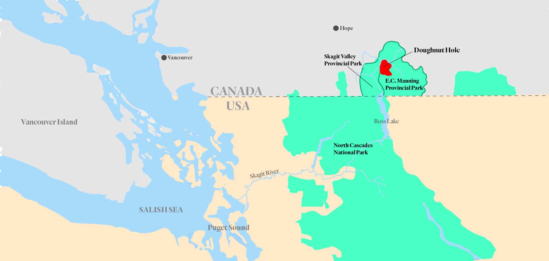 Map showing the location of the ‘Doughnut Hole’ between Skagit Valley and Manning provincial parks. The Doughnut Hole lies within the headwaters of the Skagit River. Map: Carol Linnitt / The Narwhal