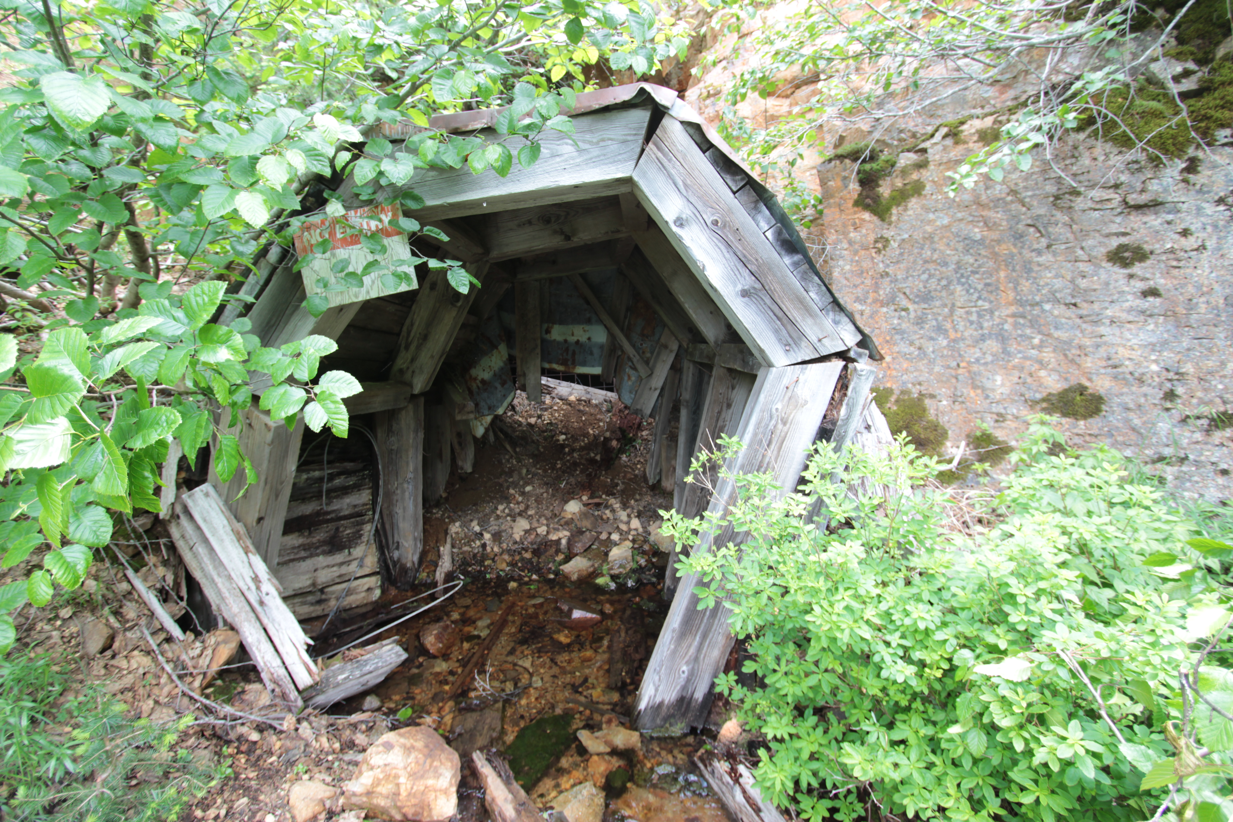 The gravel road to this site starts at Cayuse Flats in Manning Provincial Park. This is the entrance to the No. 15 Level Adit in the Smitheram Valley, within the Skagit Headwaters Donut Hole, which is surrounded by Manning and Skagit Provincial Parks. In 1955 Mogul Mining of Toronto tunneled this main haulage adit for 1,460 metres as part of an exploration program. In 1957 copper prices dropped and Mogul walked away. Canim Mines took over and in 1963 tunneled No. 15 Level a further 700 metres. In 1970 the No. 15 Level was re-timbered through caved areas. That was the last work done on the No. 15 Level. It never acted as a mine - only an exploration site. Today Imperial Metals owns the mineral claims here. Photo credit: Wilderness Committee