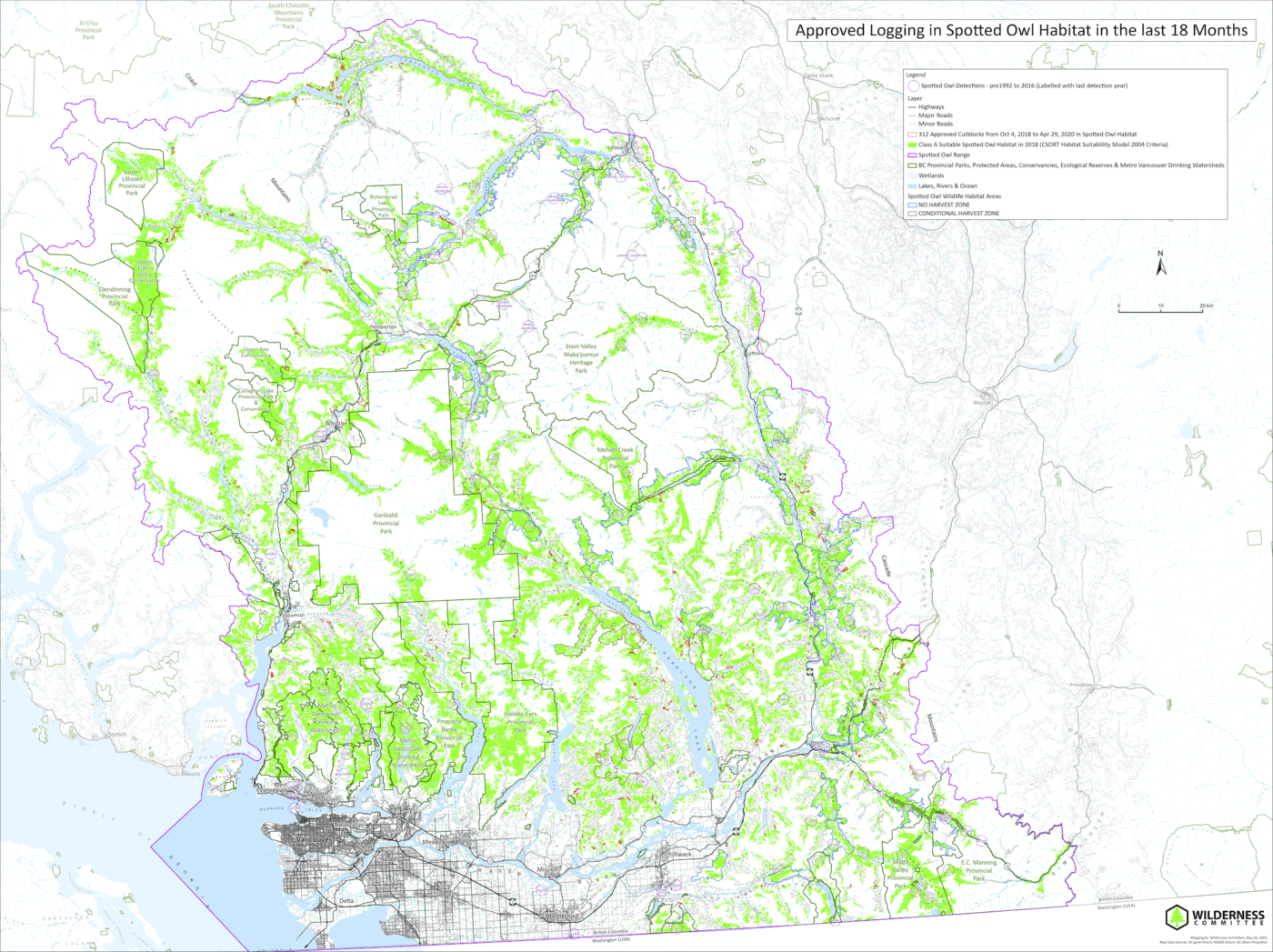 A map showing the location of 312 cutblocks approved in spotted owl habitat between Oct. 4, 2018 and April 29, 2020. The cutblocks together encompass 1,939 hectares of habitat. Click on image to enlarge. Map: Wilderness Committee