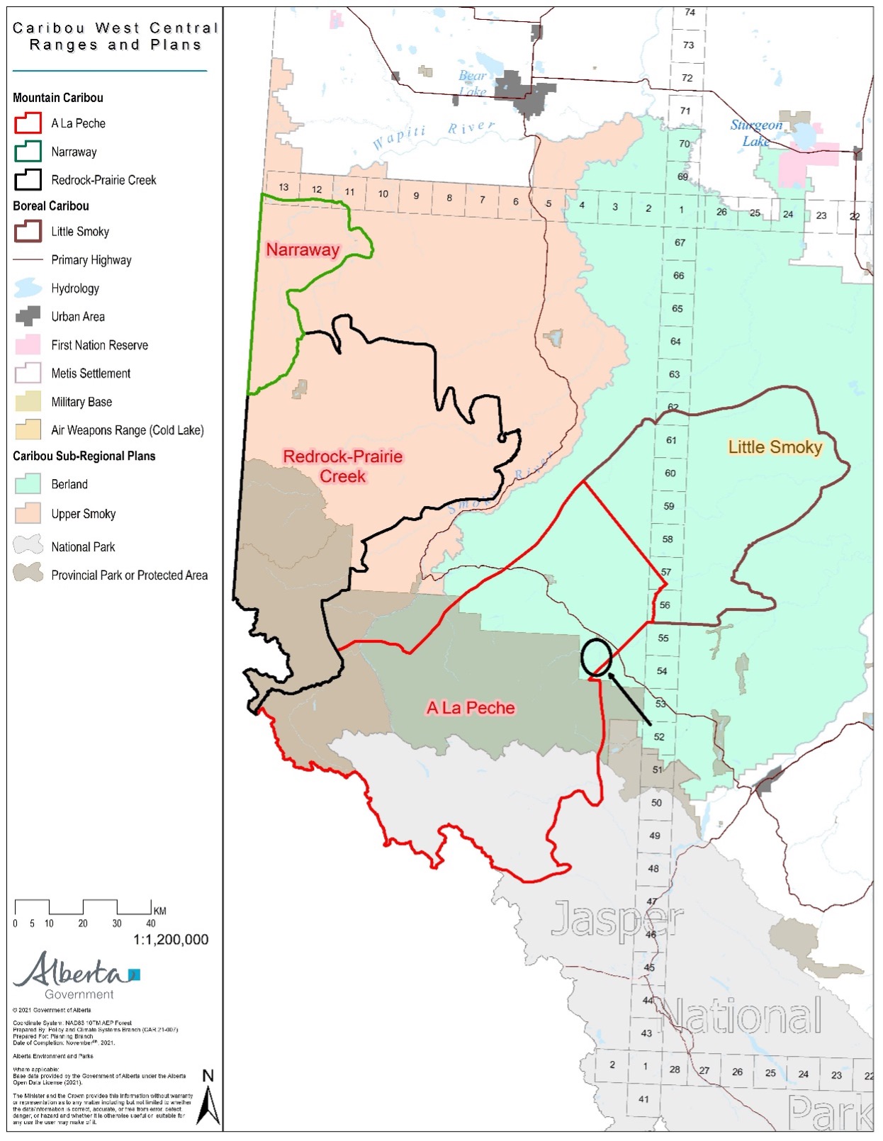 Map 1: Deferred Logging Area within West Central Alberta Caribou Ranges and Sub-Regional Plan Area. West Fraser has deferred its logging plans in the Moon Creek area (circled) of the À La Pêche caribou range. Alberta declared a No Harvest Zone (see Map 2 below) in the undisturbed caribou habitat until it approves a land-use plan for the Berland sub-region (shaded green). Map source: Government of Alberta, 2021; circled area added by Alberta Wilderness Association, 2022.