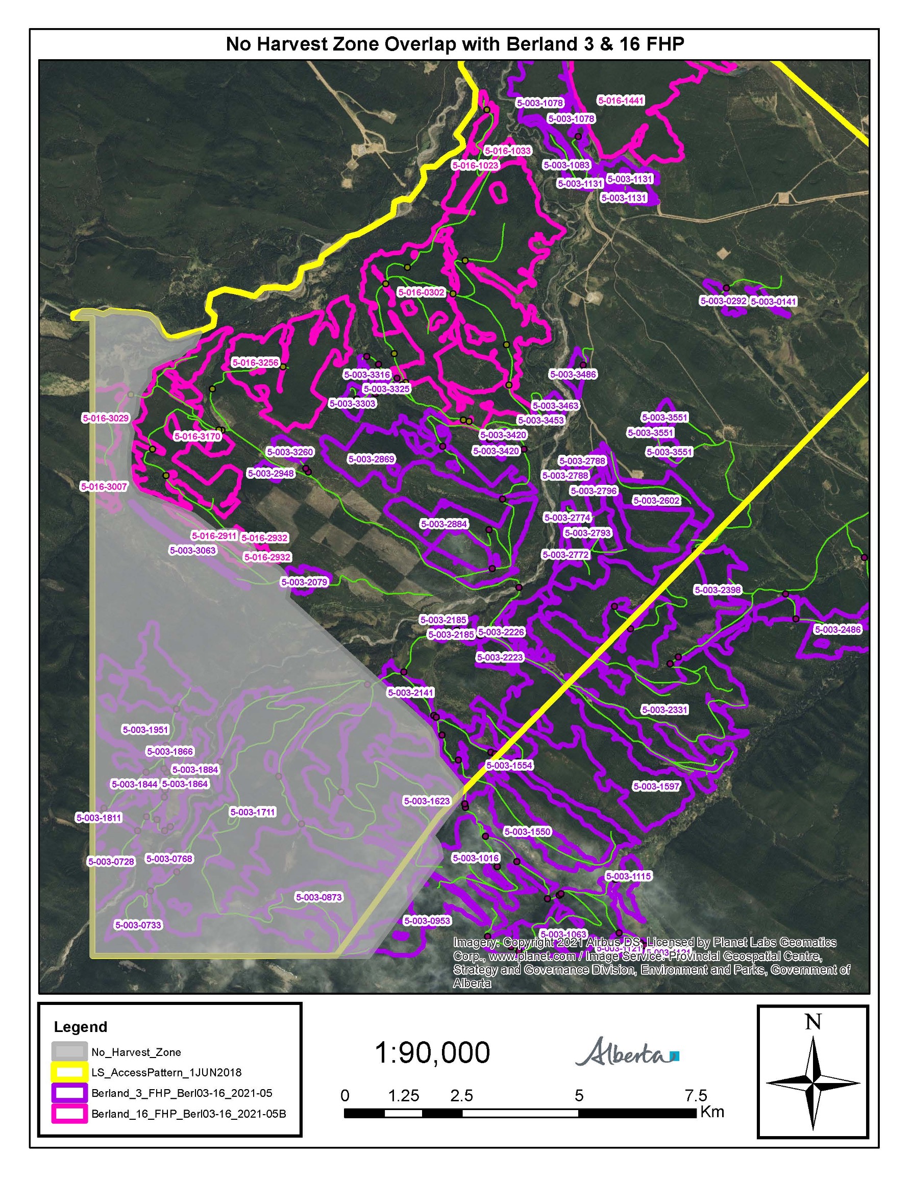Map 2: Temporary ‘No Harvest Zone’ (shaded gray) in Moon Creek Area of West Fraser Hinton Forestry Tenure. Map Source: Government of Alberta, November 2021.