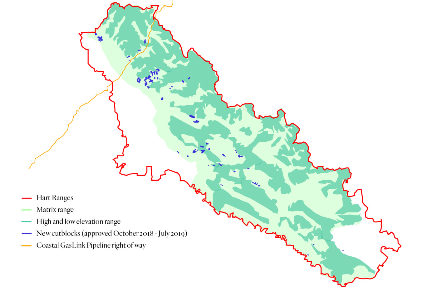 The B.C. government issued 78 cutting permits from October 2018 to July 2019 in the Hart Ranges, allowing industrial logging in 5,290 hectares, an area almost three times the size of the city of Victoria. The Hart Ranges caribou were named in the U.S. listing. Map: Carol Linnitt / The Narwhal