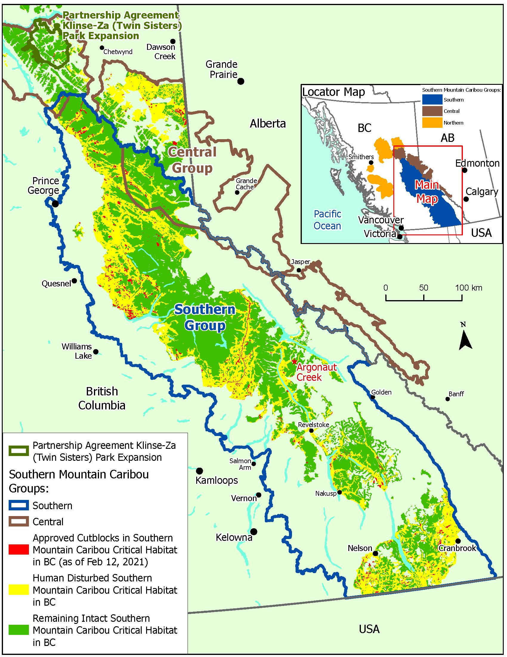 Map of Southern Mountain Caribou Critical Habitat and Human Disturbance
