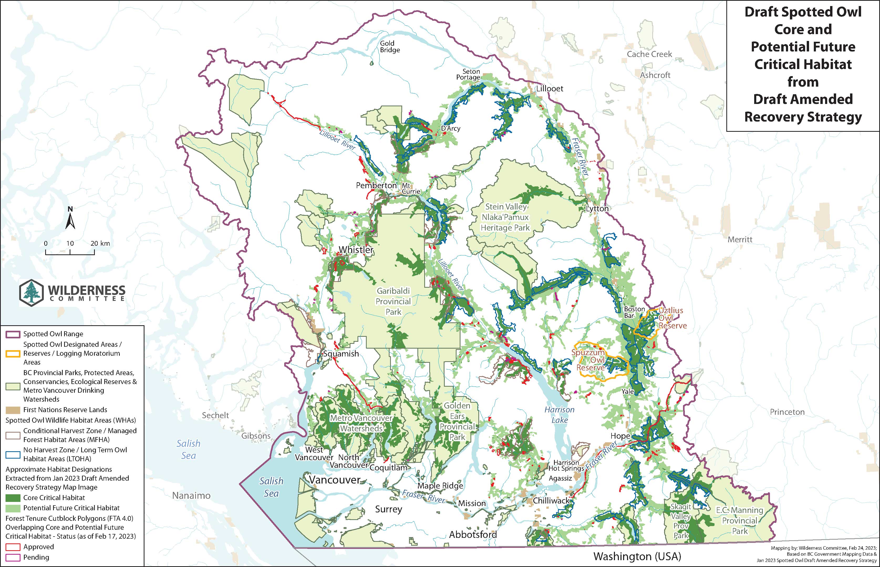 Map showing approximations of Spotted Owl "Core" and "Potential Future" critical habitat designations extracted from Jan 2023 draft amended recovery strategy, and 317 overlapping approved and pending cut blocks (as of Feb 17, 2023).
