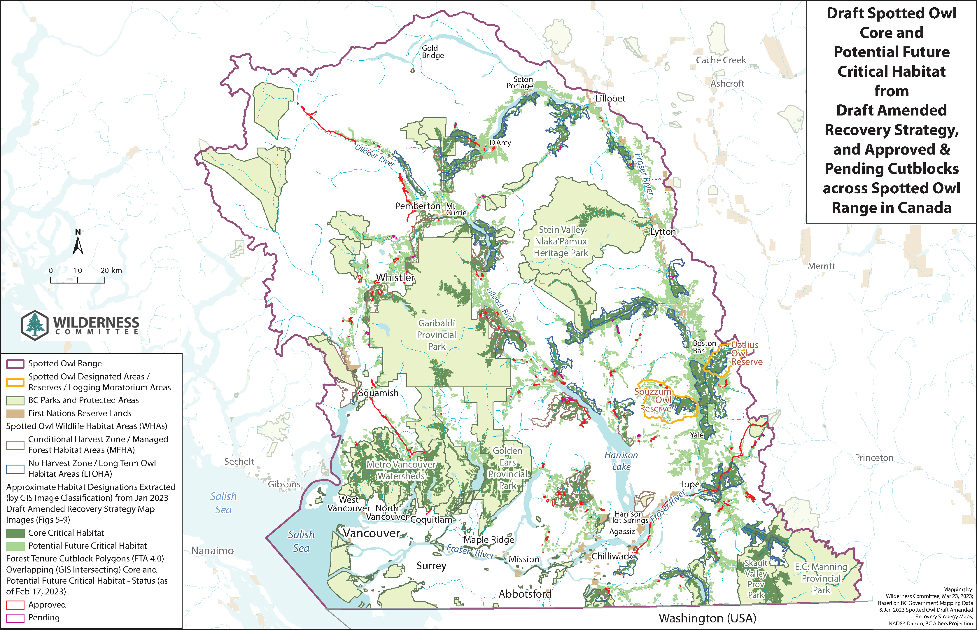 Map showing approximations of Spotted Owl "Core" and "Potential Future" critical habitat designations extracted from Jan 2023 draft amended recovery strategy, and 295 overlapping approved and pending cut blocks (as of Feb 17, 2023).