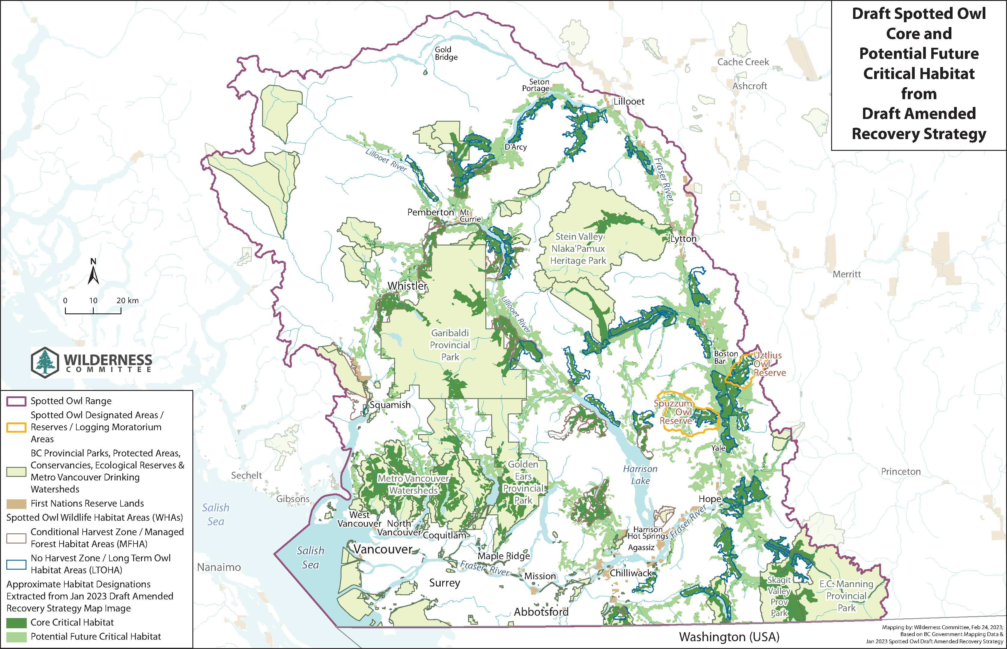 Map showing approximations of Spotted Owl "Core" and "Potential Future" critical habitat designations extracted from Jan 2023 draft amended recovery strategy. Both designations needed to be protected for the owl's survival and recovery.