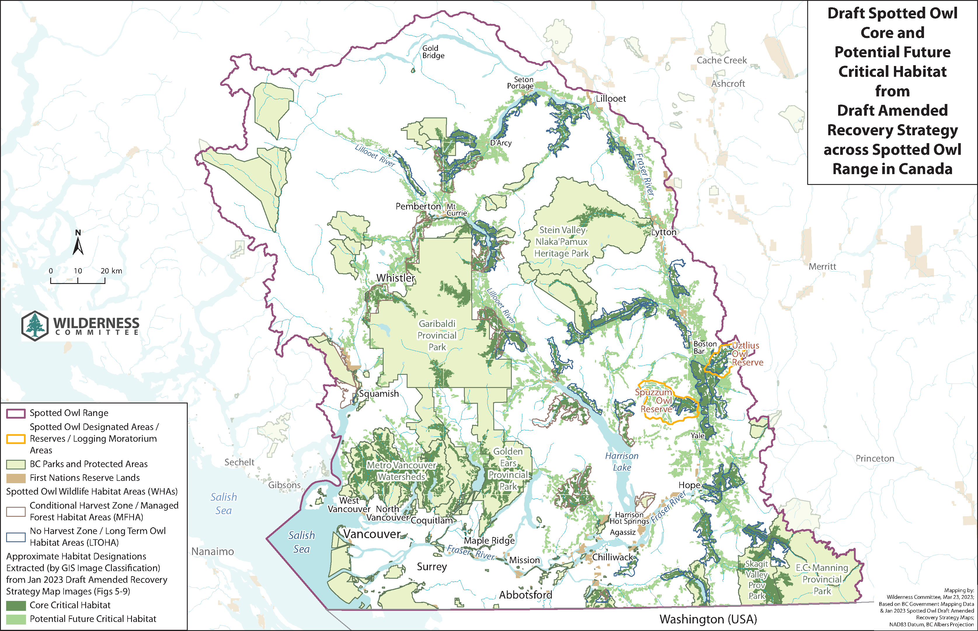 Map showing approximations of Spotted Owl "Core" and "Potential Future" critical habitat designations extracted from Jan 2023 draft amended recovery strategy. Both designations needed to be protected for the owl's survival and recovery.