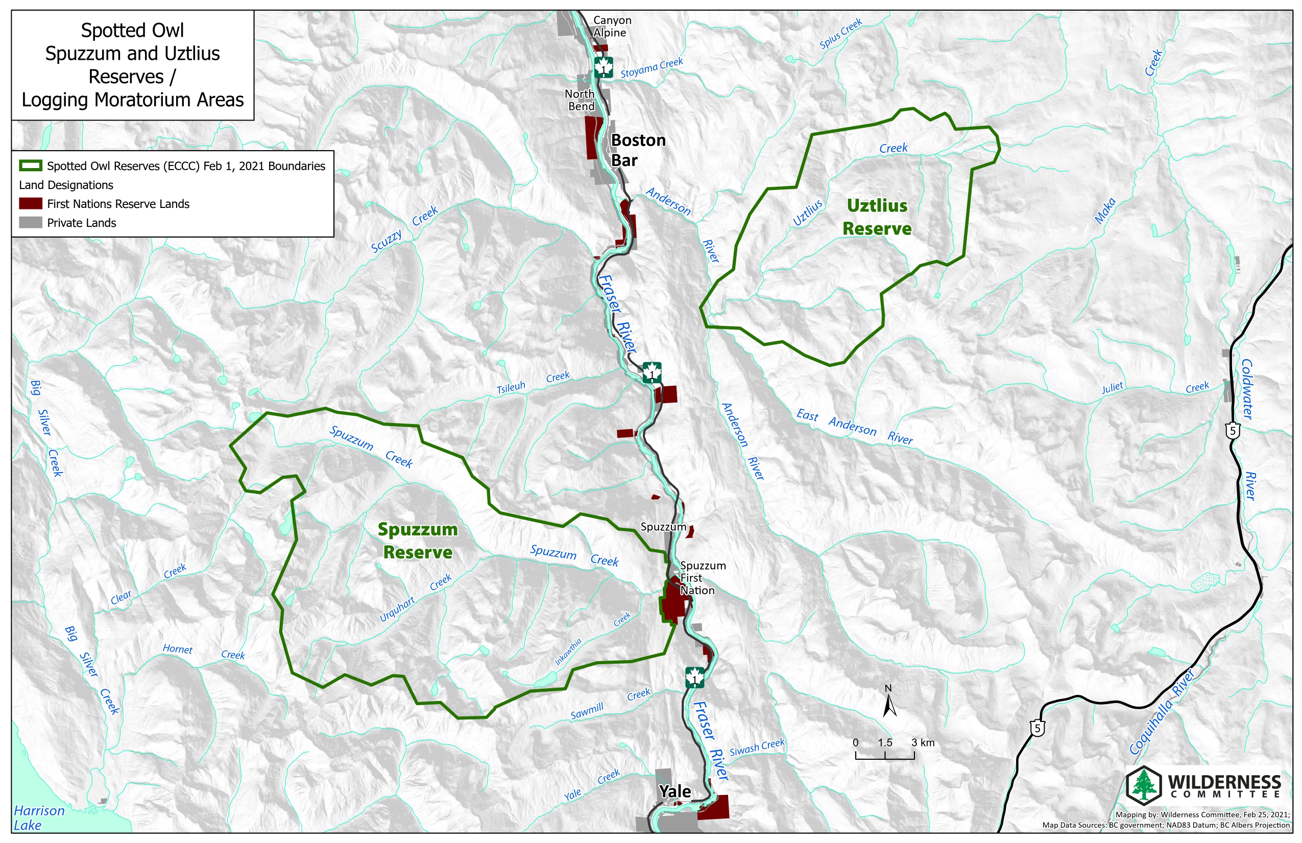 A map showing spotted owl reserves between the Spuzzum and Uztlius First Nations. End of image description.