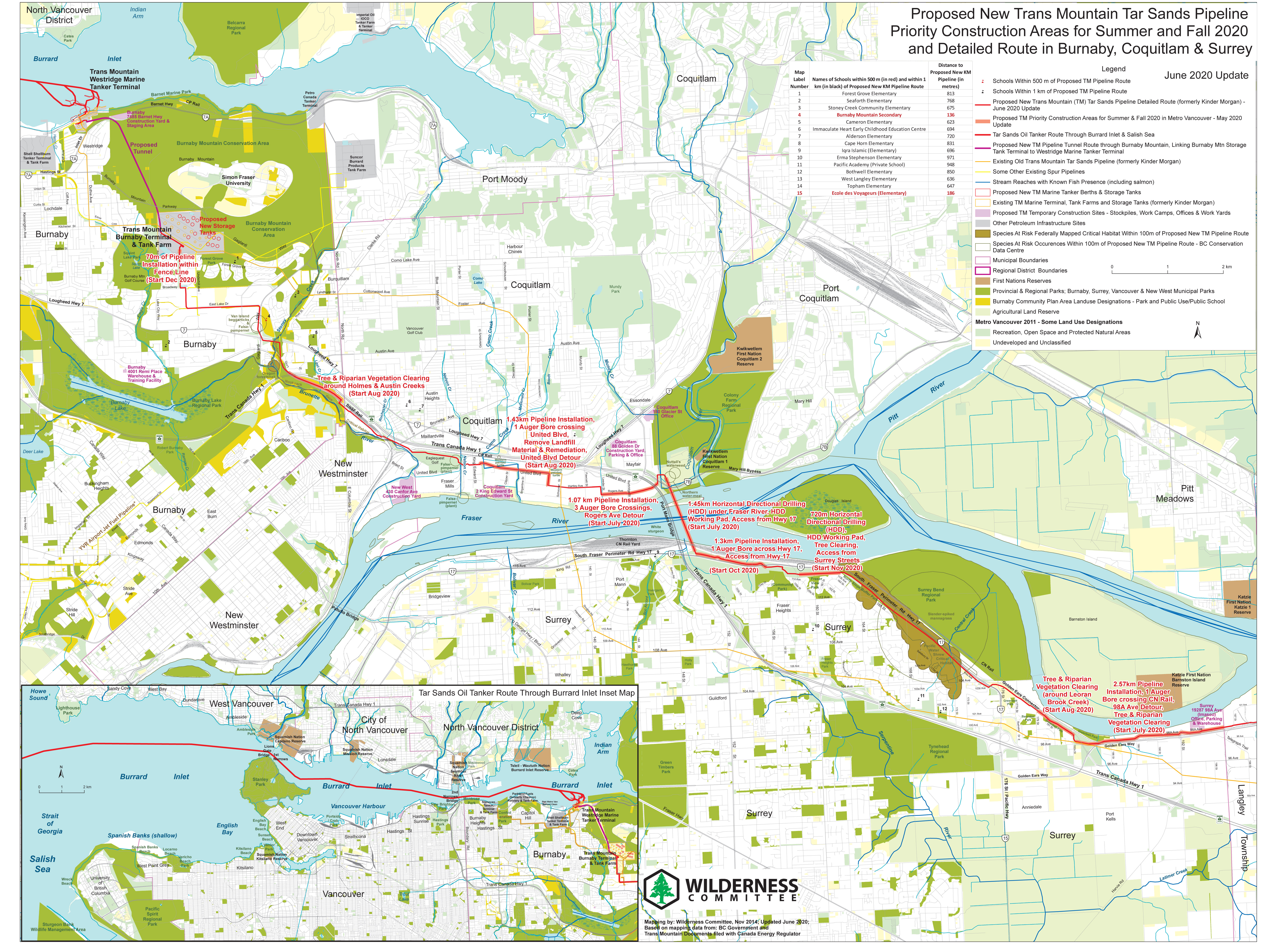 Map of Trans Mountain Priority Construction Areas for Summer Fall 2020 and Pipeline Route in Burnaby, Coquitlam and Surrey - June 2020 version