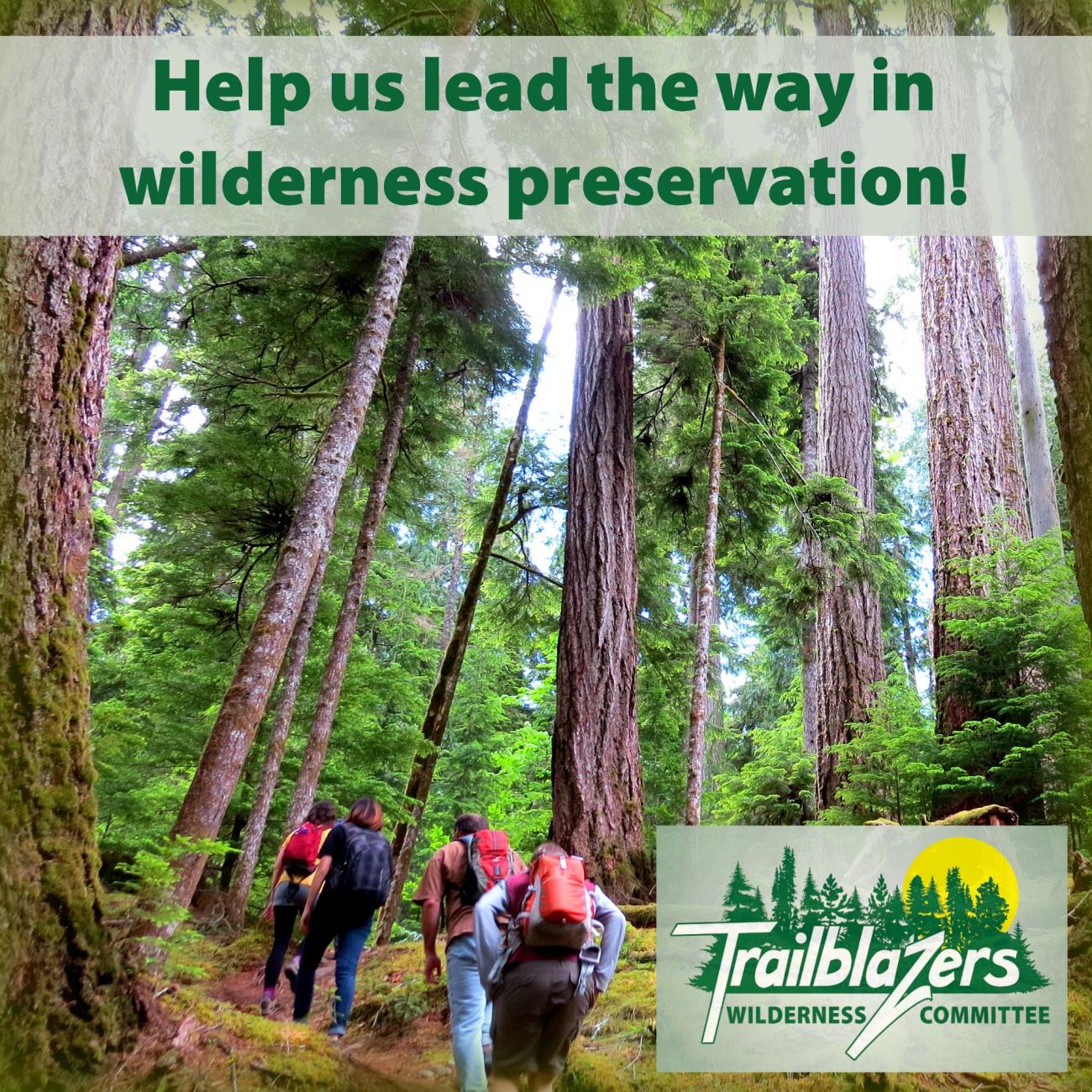 Volunteers hiking up a forest trail, with the text "Help us lead the way in wilderness preservation!" above