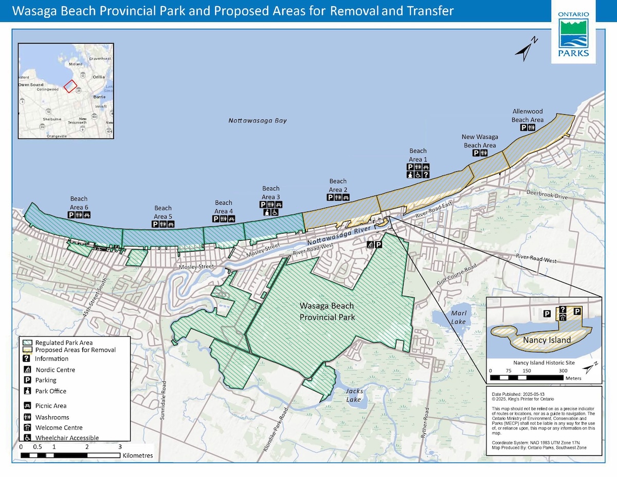 This is a map of the Wasaga Beach Provincial Peak area, along with the areas that are proposed for removal. 