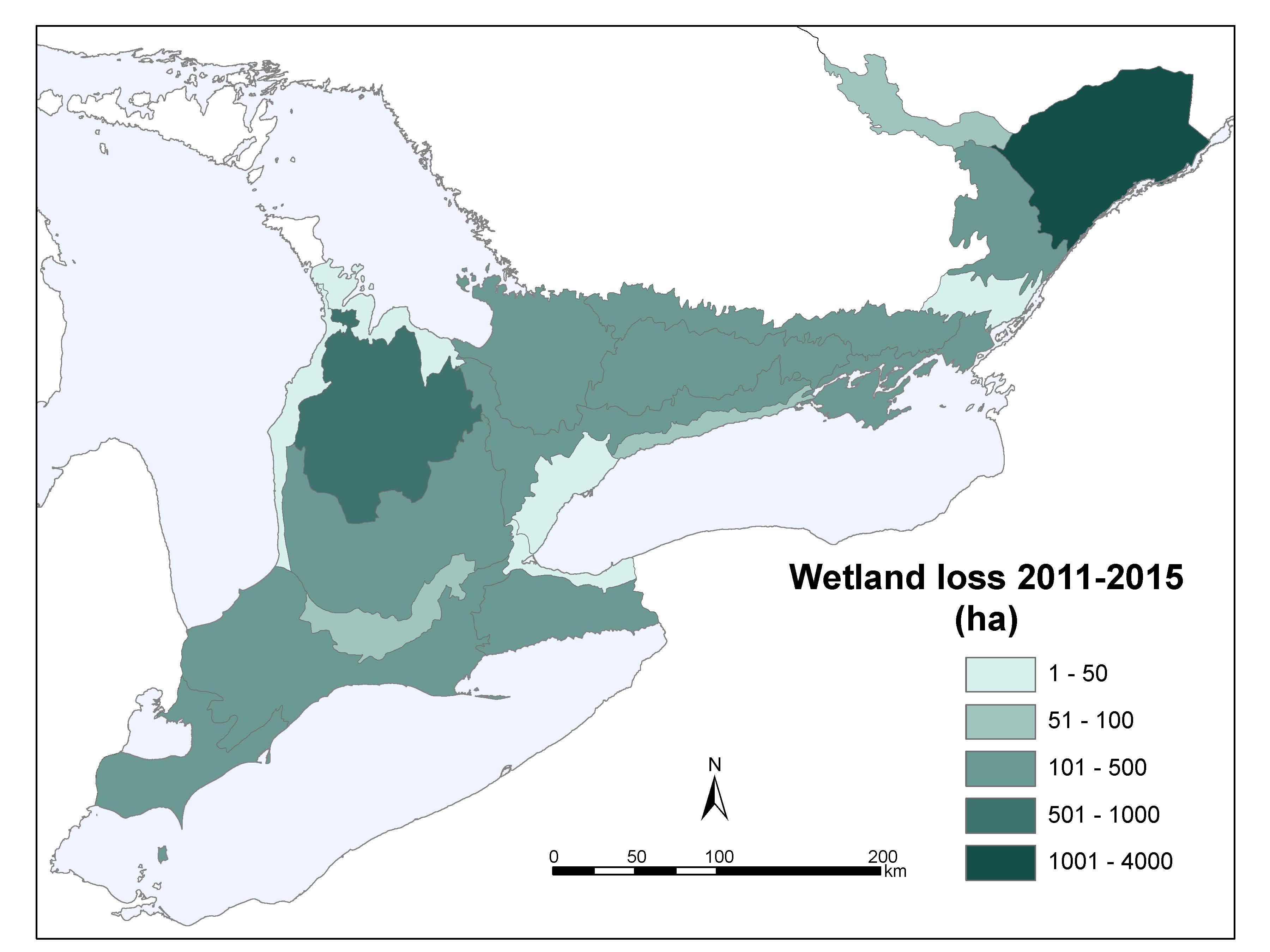 wetlands loss in Ontario 2011-2018